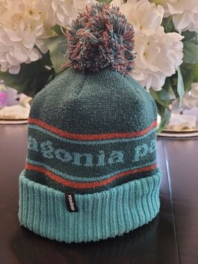 Patagonia Teal Pom Beanie - Teal with Orange Trim
